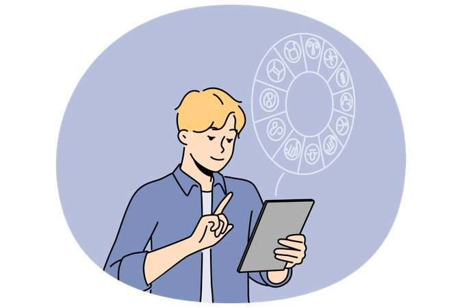 Man reading horoscope on tablet  Illustration