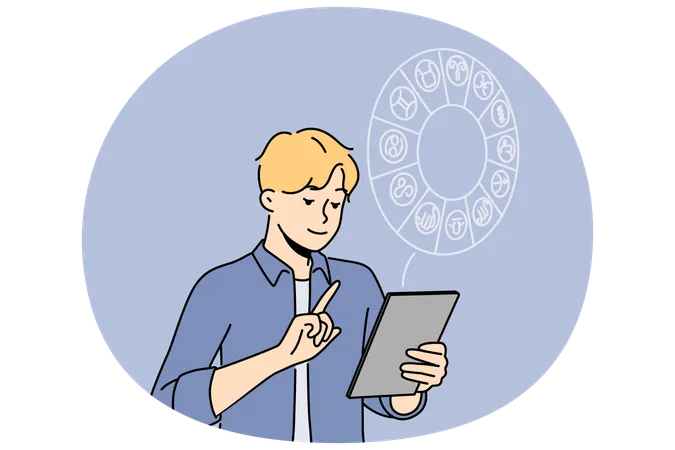 Man reading horoscope on tablet  Illustration