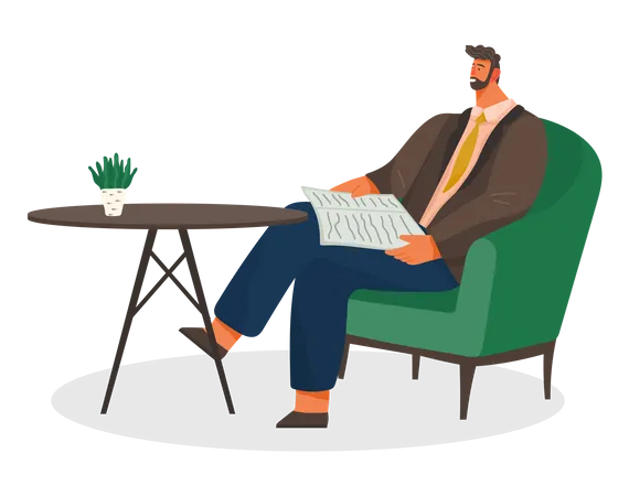 Businessman With Newspaper Sitting By Table Waiting For Order Man Wearing Casual Clothes Reading In Cafe Empty Table With Decorative Potted Plant Cafeteria Or Bistro For Lunch Or Drinks Vector Illustration
