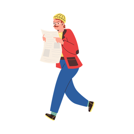 Man reading newspaper on the run  Illustration
