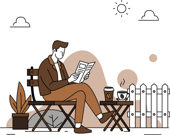 Man reading newspaper while drinking coffee  イラスト