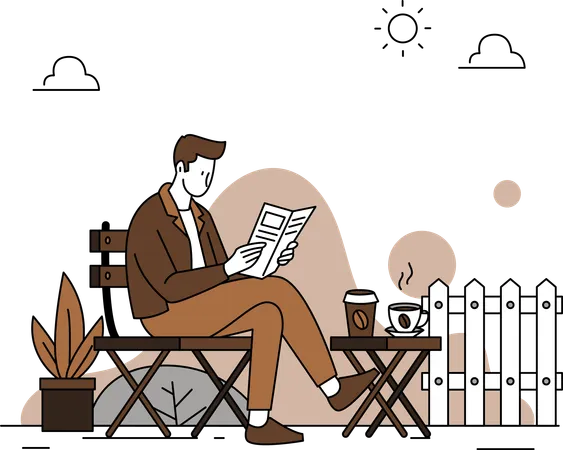 Man reading newspaper while drinking coffee  Illustration