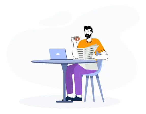 Man reading newspaper with drink coffee and laptop Illustration