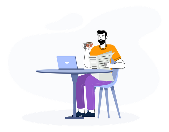 Man reading newspaper with drink coffee and laptop  Illustration