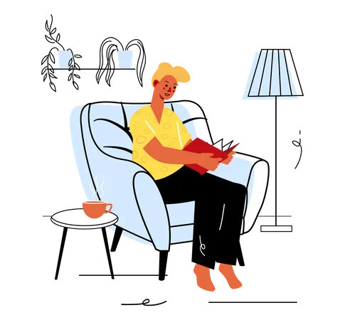 Man reading notebook on armchair  Illustration
