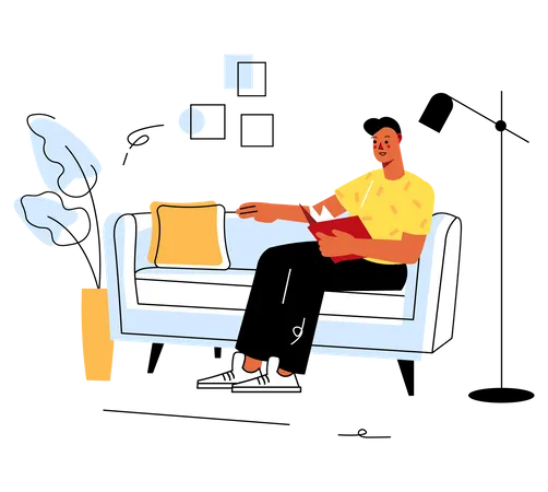Man reading notebook on sofa  Illustration