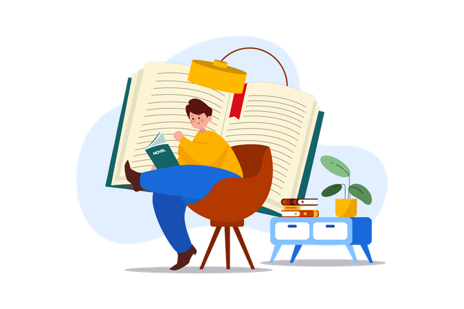 Man reading novel in leisure time Illustration