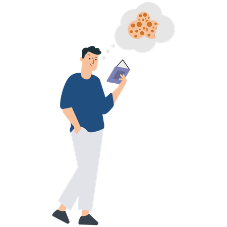 Man reading recipe for cookie Illustration