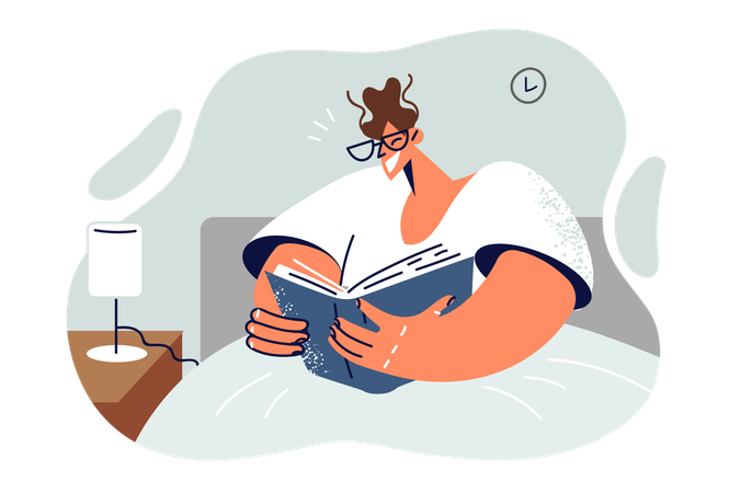 Man reads book sitting in bed before going to sleep and enjoys gaining new knowledge from literature  Illustration