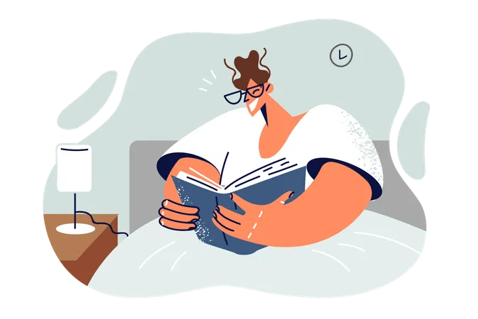 Man Reads Book Sitting In Bed Before Going To Sleep And Enjoys Gaining New Knowledge From Business Literature Guy Reads Professional Textbooks After Waking Up Located Under Covers In Bedroom Illustration