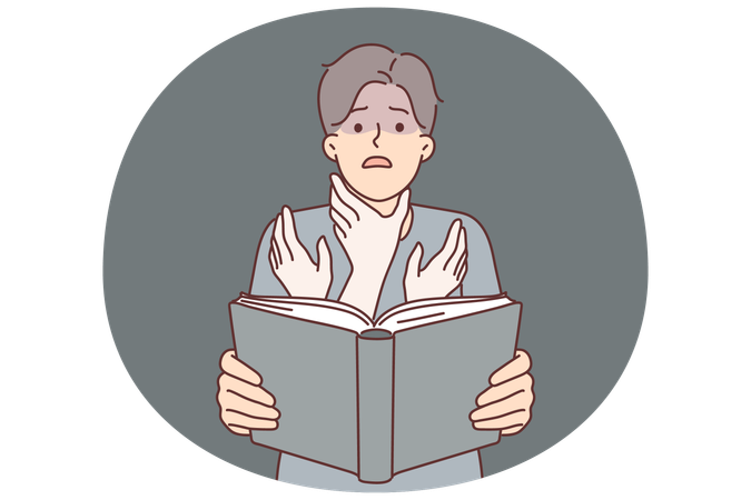 男性が怖い話の本を読み、自分の首を絞めようと手が伸びてくるのを想像する  イラスト