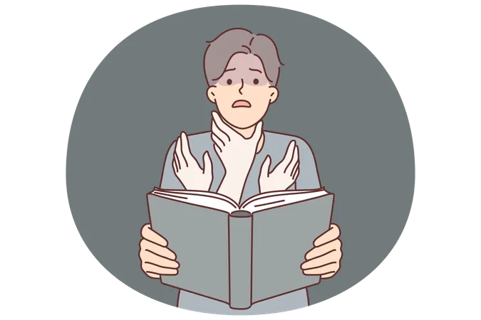 男性が怖い話の本を読み、自分の首を絞めようと手が伸びてくるのを想像する  イラスト