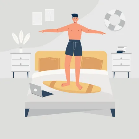 A Man Is Happily Dancing On His Bed Flat Vector Illustration Of A Man Inside His House Interior Illustration