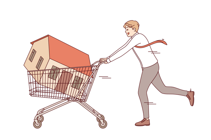 Man realtor or real estate agent runs pushing house in supermarket cart as metaphor for investment  Illustration