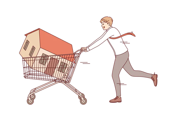 Man realtor or real estate agent runs pushing house in supermarket cart as metaphor for investment  Illustration