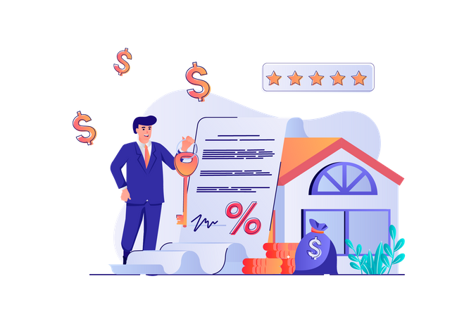 Man realtor sells houses and helps to arrange mortgage loan in bank Illustration