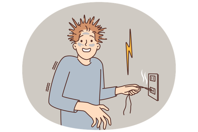 Man received electric shock with shaggy hair holding on to wire sticking out of outlet  Illustration