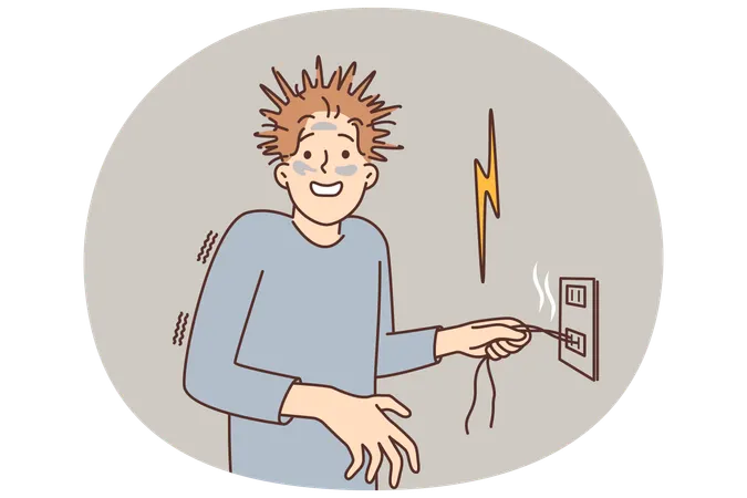 Man received electric shock with shaggy hair holding on to wire sticking out of outlet  Illustration