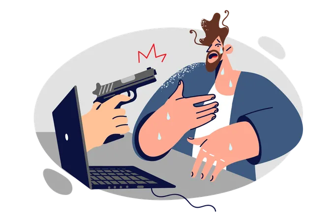 Man Receives Cyber Threats Standing Near Laptop With Gun Sticking Out Of Screen For Concept Of Digital Extortion Guy Cries Because Of Online Threats Or Is Victim Of Blackmail And Bullying Illustration