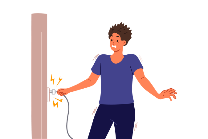 Man receives electric shock when inserts plug into socket due to breakdown of electrical equipment  Illustration