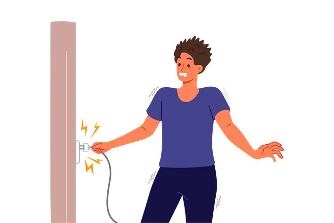 Man Receives Electric Shock When Inserts Plug Into Socket And Feels Pain Due To Breakdown Of Electrical Equipment Electric Shock For Guy In Casual Clothes Holding Wire With Wet Hands Illustration