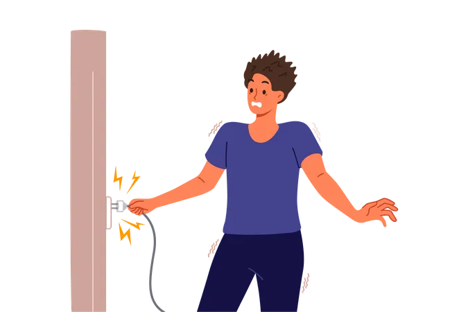 Man receives electric shock when inserts plug into socket due to breakdown of electrical equipment  Illustration