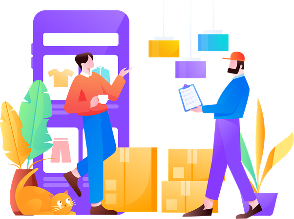 Man receives his online product delivery  Illustration