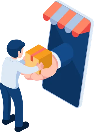 Man Receiving Parcel from Delivery Service Hand Through Smartphone Illustration