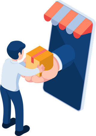 Man Receiving Parcel from Delivery Service Hand Through Smartphone  Illustration