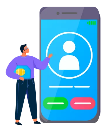 Man Standing Near Smartphone With Incoming Call And Finger Touch Screen Receiving Phone Call Using Cellular Communication Phone Screen With Reject And Accept Buttons Contacts Ringtone On Smartphone イラスト