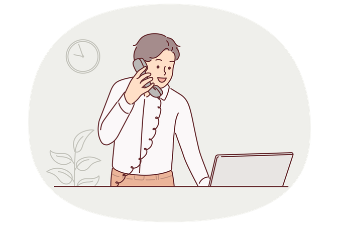 Man receptionist works in hotel and talks on phone with guests  Illustration