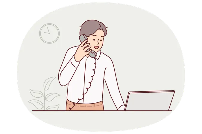 Man receptionist works in hotel and talks on phone with guests  Illustration