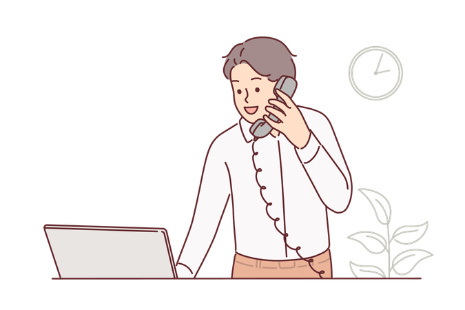 Man receptionist works in hotel and talks on phone with guests or answers questions  Illustration