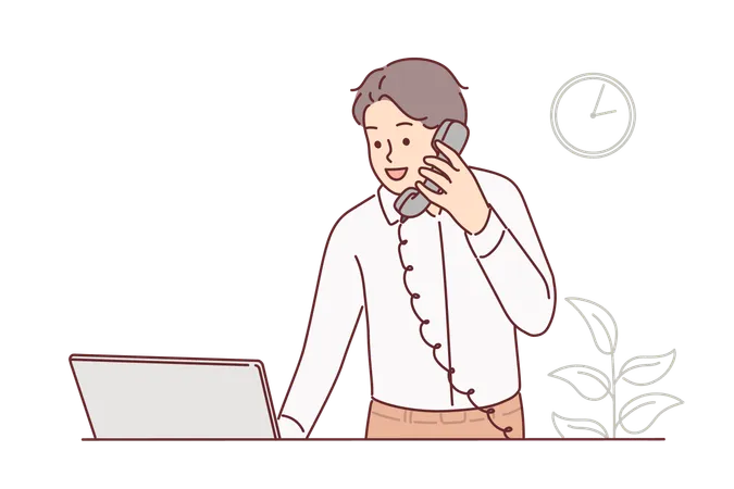 Man receptionist works in hotel and talks on phone with guests or answers questions  Illustration