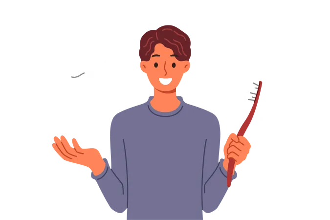 Man Recommends Brushing Teeth Well Using Right Toothbrush To Prevent Caries Guy Is Reminded Of Importance Of Oral Hygiene And Preventative Control Of Caries By Showing Giant Crown And Brush Illustration