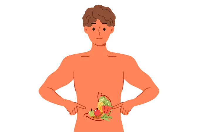Man recommends healthy diet points to vegetables inside stomach stands with naked torso  Illustration