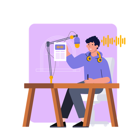 ポッドキャストを録音している男性  イラスト