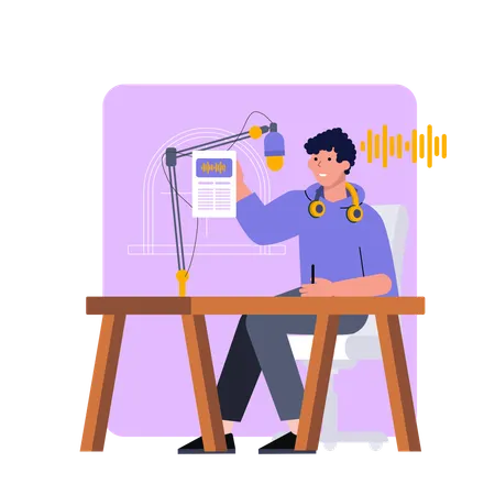 ポッドキャストを録音している男性  イラスト