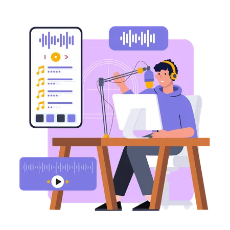 携帯電話でポッドキャストを録音している男性  イラスト