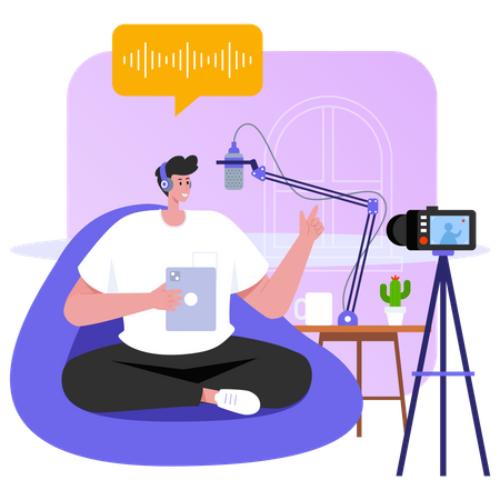 Man recording podcast while sitting comfortably Illustration