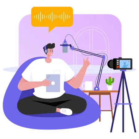 Man recording podcast while sitting comfortably  Illustration