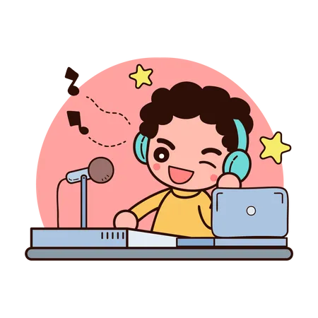 Man recording podcast while sitting comfortably  イラスト