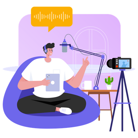 Man recording podcast while sitting comfortably  Illustration