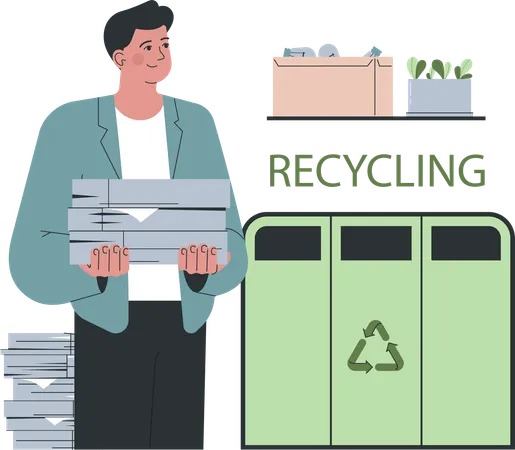 Man recycles waste papers  Illustration