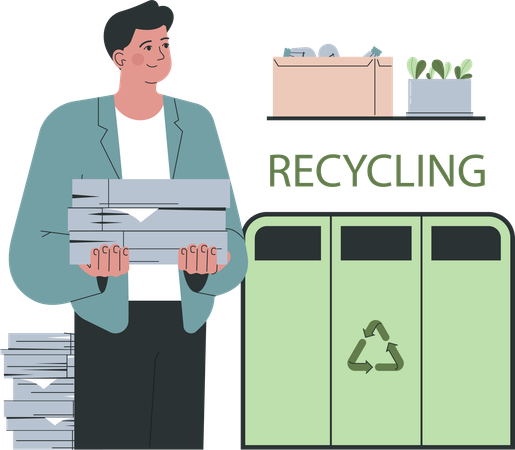 Man recycles waste papers  Illustration