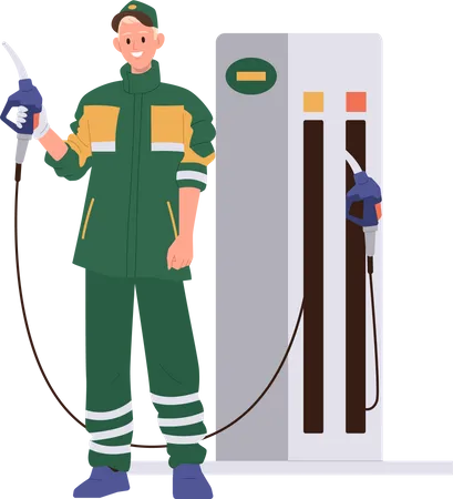 Man Refueler Worker Flat Cartoon Character Providing Car Service At Gas Station Vector Illustration Isolated On White Background Male Oilman Mechanic Operating Transport Petrol Refilling System Illustration