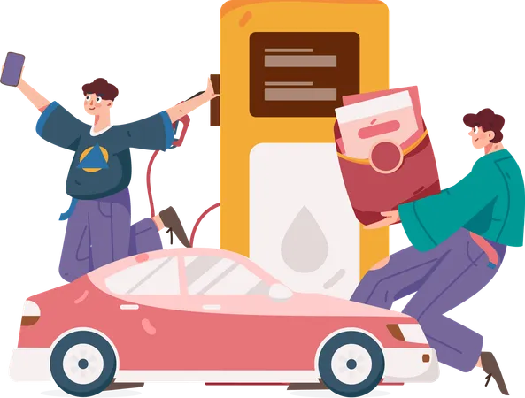 Man refuels car gas at gas station  Illustration