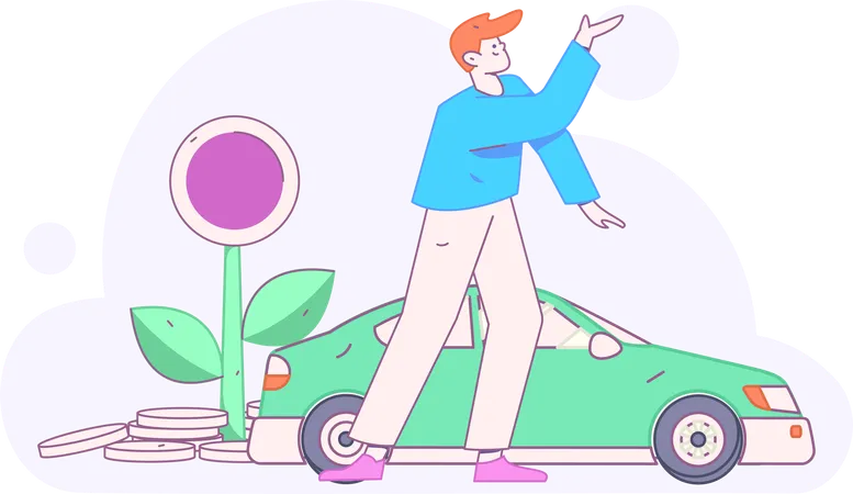 Man refuels his car before going on adventure  Illustration