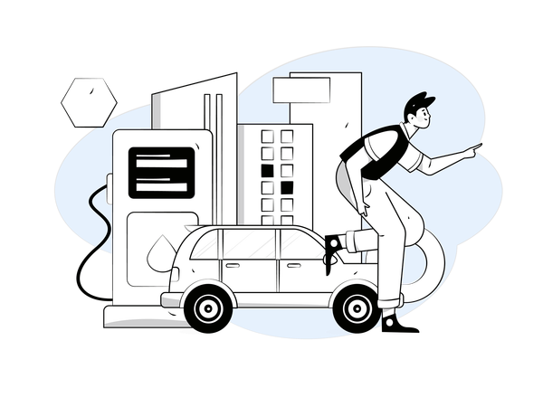 Man refuels his car oil tank  Illustration