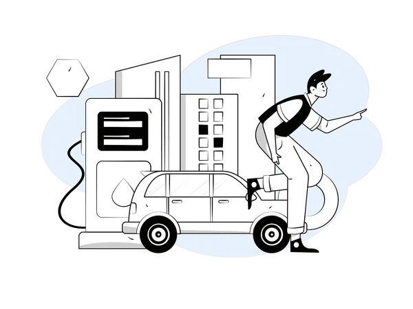 Man refuels his car oil tank  Illustration